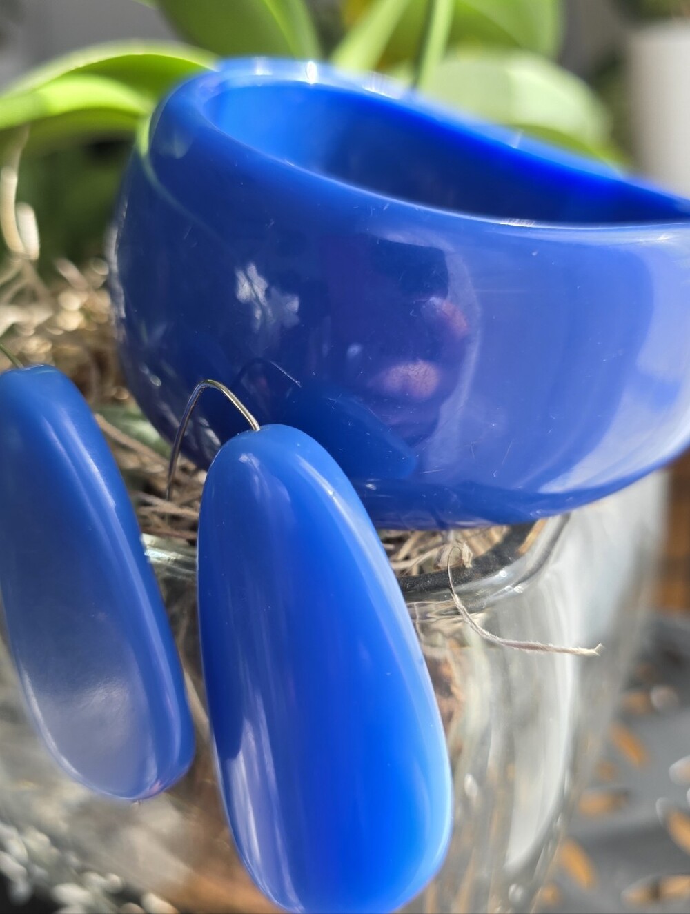 Vintage Blue Acrylic Bangle Bracelet & Drop Earrings Set Retro Statement Jewelry